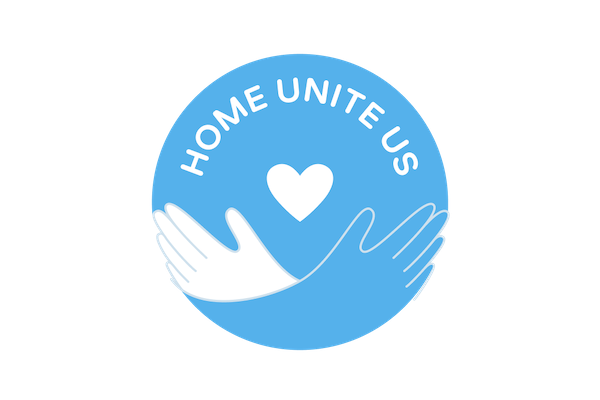 Home Unite Us logo, blue circle with white heart in the center, two hands hugging the logo with "Home Unite Us" above the heart.