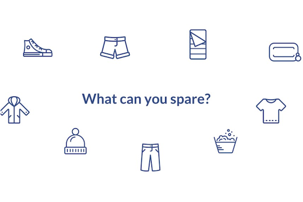 Spare logo. Different article of clothing icons surrounds "What can you spare?"